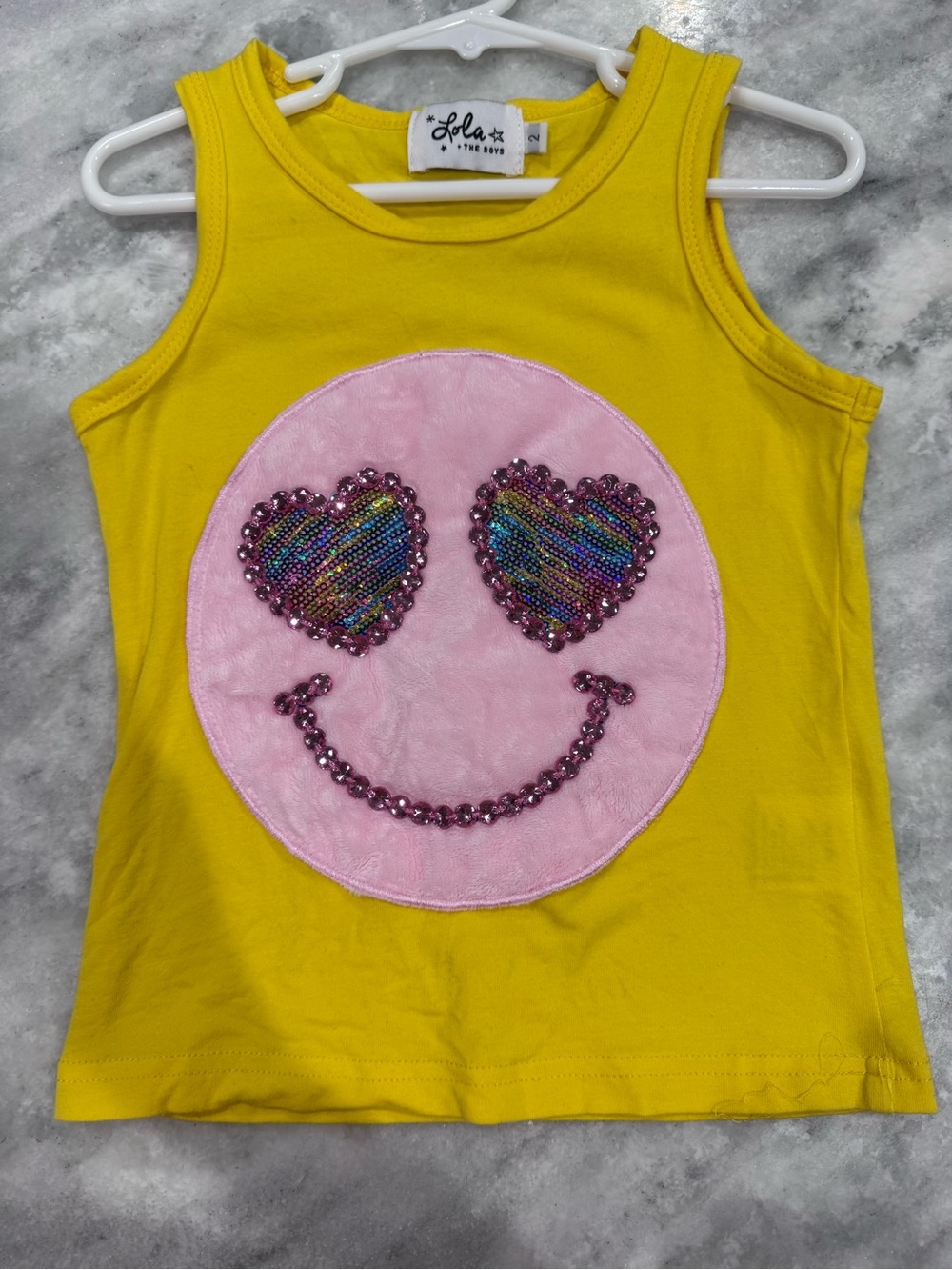 Lola + The Boys Yellow Tank with Pink Sequin Smiley